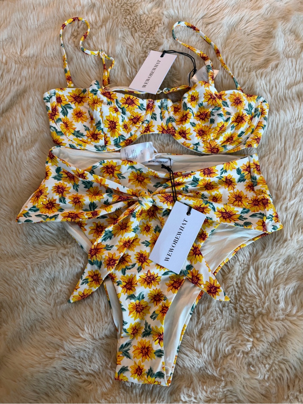 WeWoreWhat Yellow Sunflower Print Two-Piece High Waisted with Tie Detail